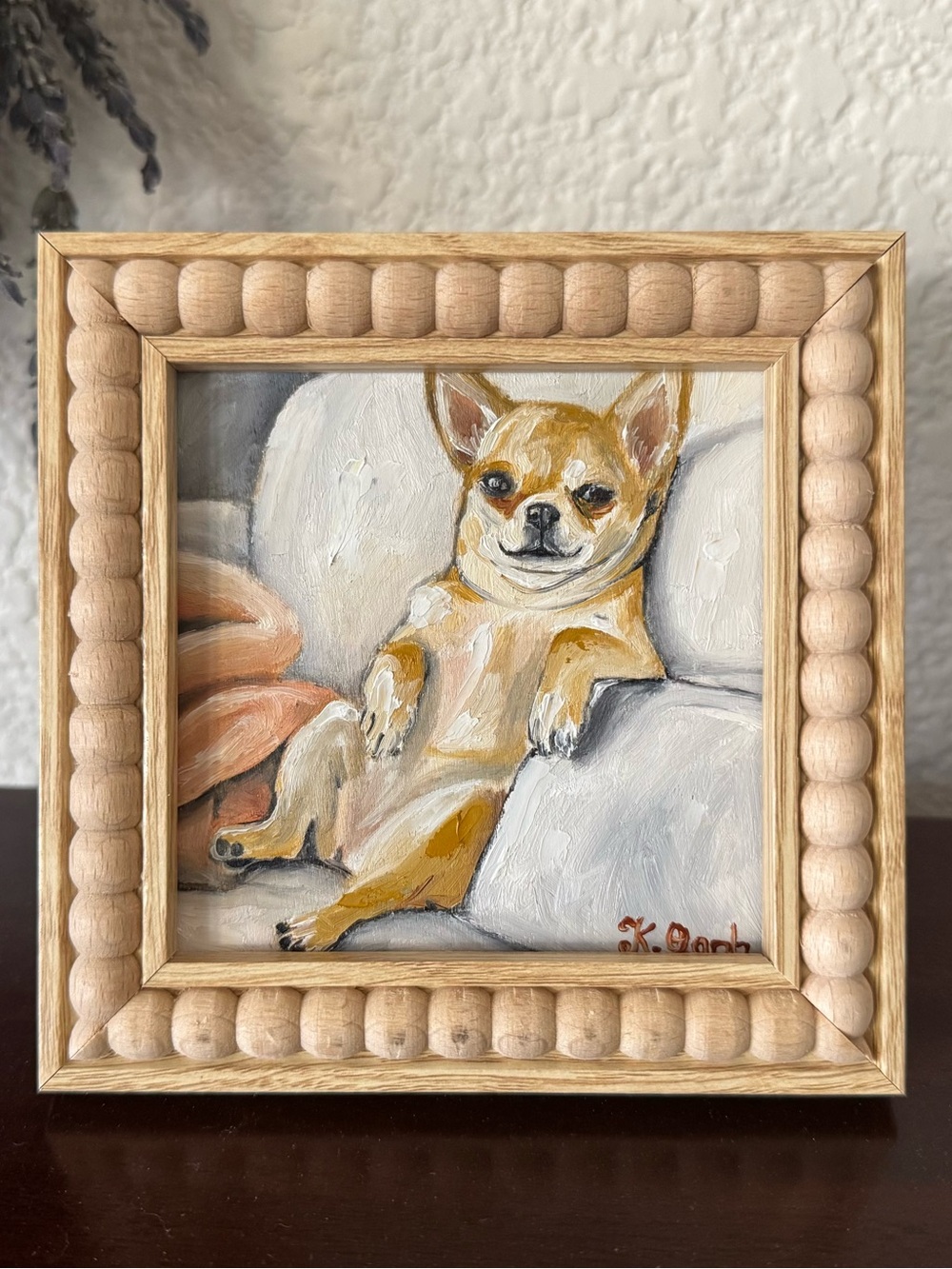 Original oil painting handmade chihuahua dog portrait signed framed 4x4 inches